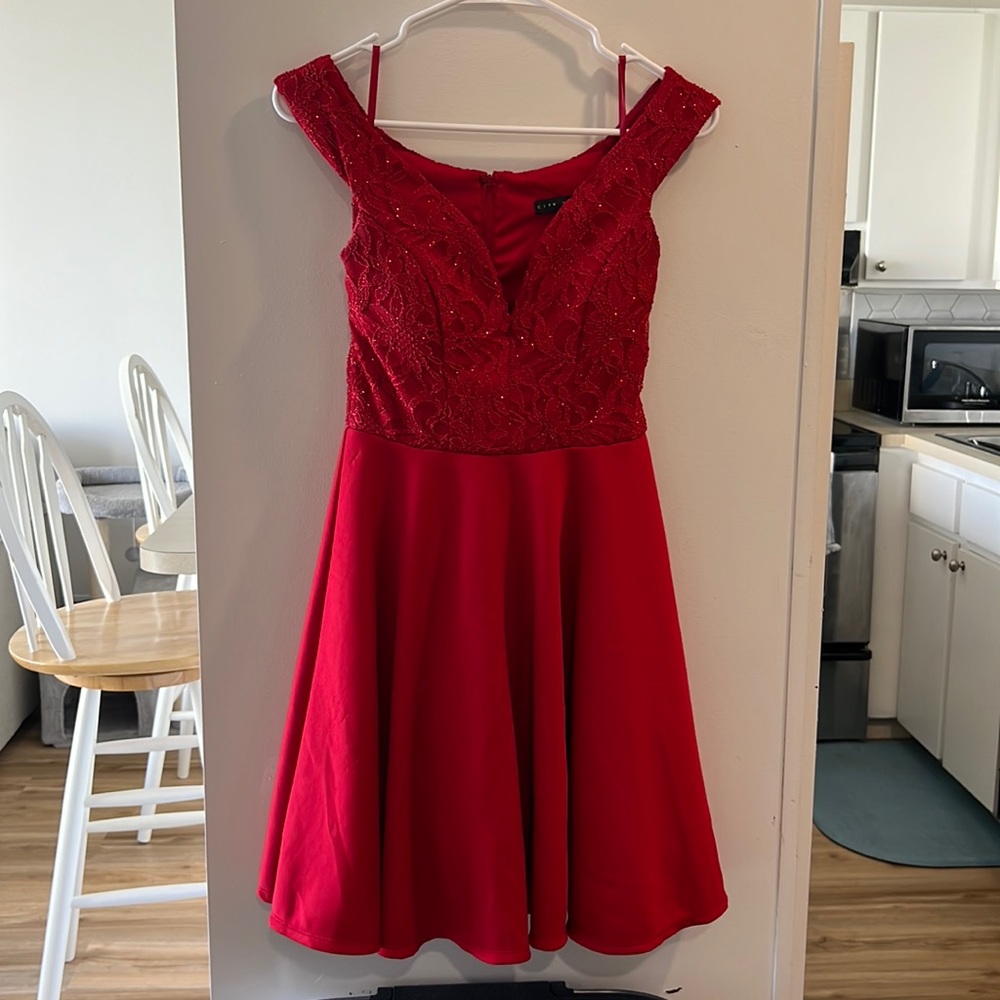 Red sparkly prom or formal dress